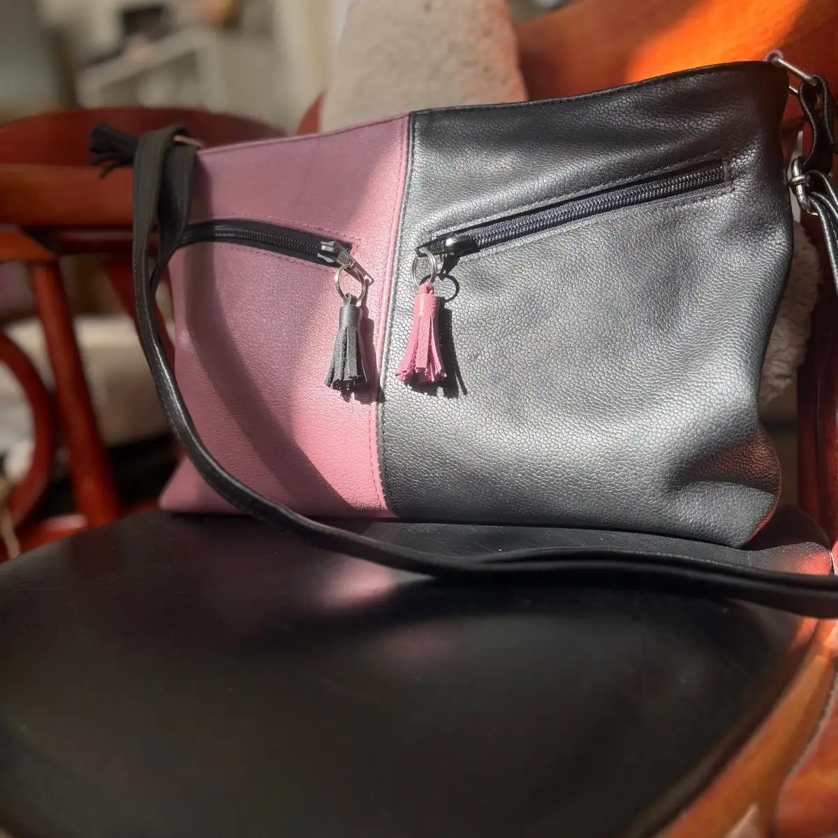Sac Bandoulière Bicolore Rose Poudré & Noir - Nina Boutik