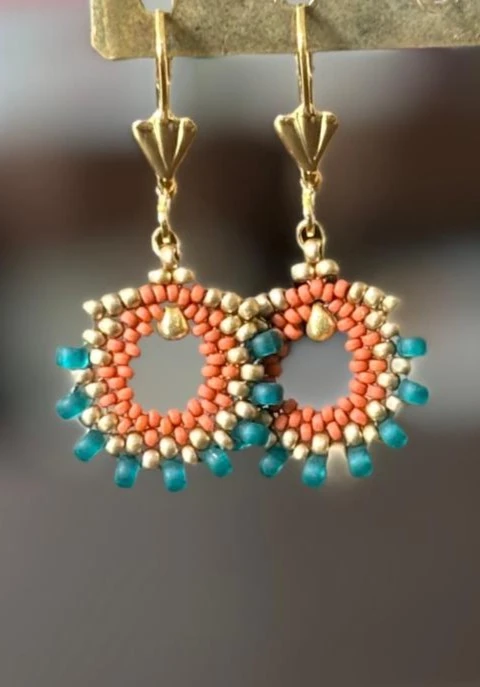 Boucles d'Oreilles - Fancy Shell's Corail, Or & Bleu Turquoise - Nina Boutik